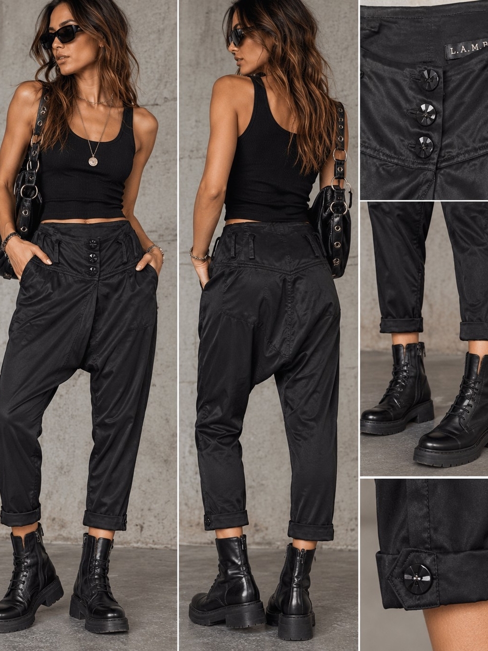 L.A.M.B. Silk Harem Pants Size 4 Black Y2K Avant Garde Rocker Luxe Streetwear